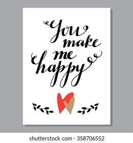 Holiday valentines day card. Hand drawn hearts, branches, text you make me happy