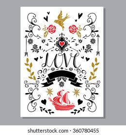 Holiday Valentines day card, hand drawn icons set isolated, calligraphic text
