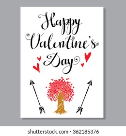 Holiday Valentines day card with tree, hearts, arrows, calligraphic text, lettering