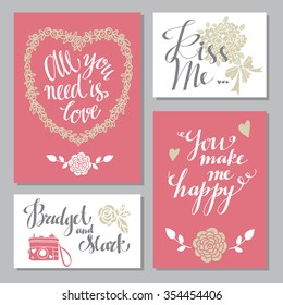 Holiday valentines day cards, wedding backgrounds design template set. Hand drawn text, lettering