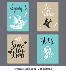 Holiday valentines day cards, wedding backgrounds design template set. Hand drawn text, lettering
