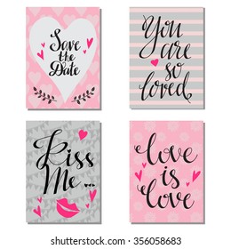 Holiday valentines day cards, wedding backgrounds design template set. Hand drawn text, lettering, hearts, lipstick kiss
