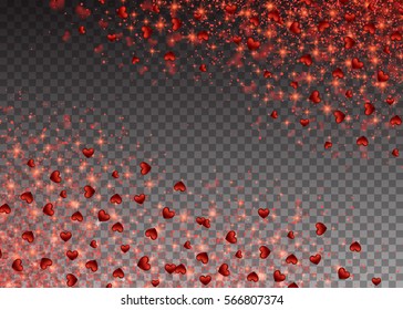 Holiday Valentines Day Element for Design. Red Heart Confetti Glitters. Sparkling Texture Isolated on Transparent Checkered Background. Vector Festive Illustration of Falling Shiny Hearts.