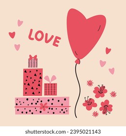 Holiday Valentine's Day hand drawn vector illustration. Card with a balloon heart, gifts, flowers, inscription Love. For congratulations  February holiday, shopping, gifts, expressing feelings of Love