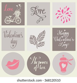 Holiday Valentines day, wedding cards set, calligraphy, text, lettering. Hand drawn icons isolated