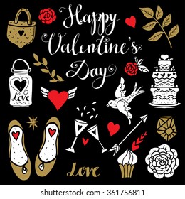 Holiday Valentines day, wedding icons, calligraphic text, lettering on black background