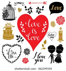 Holiday valentines day, wedding, love hand drawn icons set. Calligraphic text, lettering 