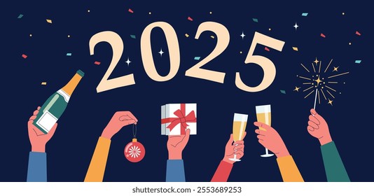 Holiday vector 2025 concept illustration in flat style. Human hands with glasses with champagne, gift box, Bengal light, champagne and confetti.