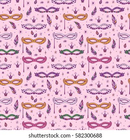 Holiday Vector background. Celebration Carnival Seamless pattern. Hand drawn Venetian Masquerade Mask, feathers and stars. Mardi Gras Party.