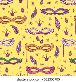 Holiday Vector background. Celebration Carnival Seamless pattern. Hand drawn Venetian Masquerade Mask, feathers and stars. Mardi Gras Party.