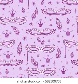 Holiday Vector background. Celebration Carnival Seamless pattern. Hand drawn Venetian Masquerade Mask, feathers and stars. Mardi Gras Party.