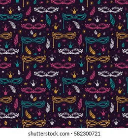 Holiday Vector background. Celebration Carnival Seamless pattern. Hand drawn Venetian Masquerade Mask, feathers and stars. Mardi Gras Party.
