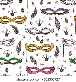 Holiday Vector background. Celebration Carnival Seamless pattern. Hand drawn Venetian Masquerade Mask, feathers and stars. Mardi Gras Party.