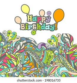 Holiday vector background. Congratulations on birthday. Vintage pattern with waves, curls, strips. Illustration can be used for web pages, gift cards, invitations.
