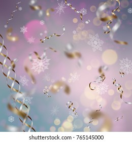Holiday vector background with flying defocused curly serpentine and snowflakes. Christmas abstract backdrop
