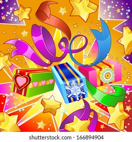 holiday vector background with gifts, ribbons and stars