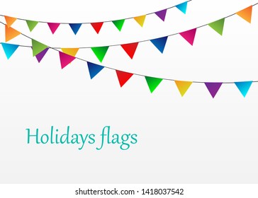 Holiday vector background with hanging flags. Carnival flags, holiday decoration elements. Colored flags on a white background.
