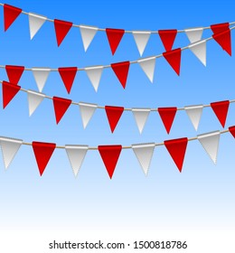 Holiday vector background with hanging flags. Carnival flags, holiday decoration elements. Red and white flags on sky background.