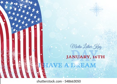 Holiday vector background of Martin Luther King Day with waving flag, radiance and snowfall.