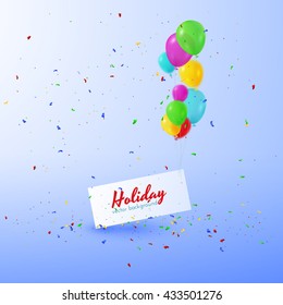 Holiday vector background with text bubble hung by balloons and falling confetti. Vector EPS10.