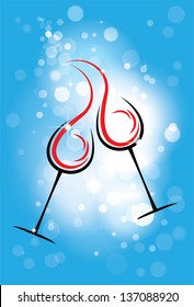 Holiday vector background with two glasses of wine, the stars, blue backdrop