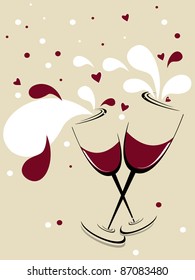 holiday vector background with two glasses of wine, red hearts