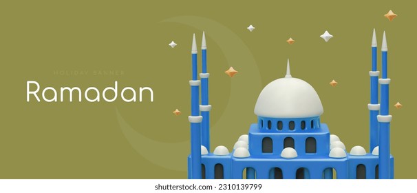 Holiday vector banner template. Poster on theme of Ramadan. 3D mosque on colored background, moon, stars, place for text. Holy night. Month of Muslim fasting