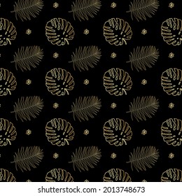 Holiday vector black and gold exotic pattern for wedding card, luxury menu template, summer holiday poster, sale banner. Tropical cover luxury design set with golden leaf print on background. 
