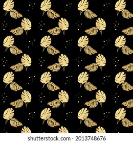 Holiday vector black and gold exotic pattern for wedding card, luxury menu template, summer holiday poster, sale banner. Tropical cover luxury design set with golden leaf print on background. 