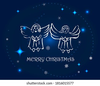 Holiday vector card.  Christmas decorations, snowflakes, sparkles angels, hollies on the deep blue background. Text Merry Christmas.