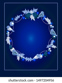 Holiday vector card.  Christmas elements on the deep blue background. Text Merry Christmas.