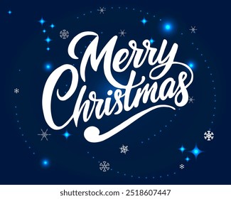 Holiday vector card.  Snowflakes and   luminous particles on the deep blue background. Text Merry Christmas