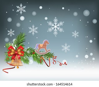 Holiday vector Christmas background with snowflakes, decoration, ribbon, bell and toy