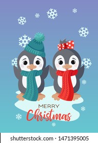 Holiday vector christmas card with cute little penguin characters. Merry christmas background with flat styled hand drawing cartoon character and text. Winter postcard illustration