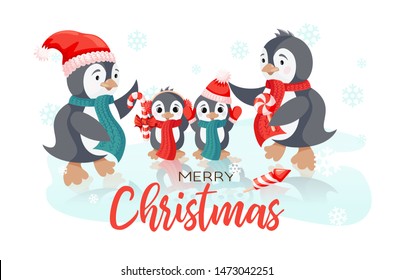 Holiday vector christmas card with smiling cute penguins family. Merry christmas design with flat styled hand drawing cartoon characters and text. Winter postcard template isolated on white