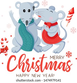 Holiday vector christmas card with smiling cute mouses. Merry christmas design with flat styled hand drawing cartoon characters and text. Winter postcard template isolated on white