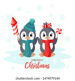 Holiday vector christmas card with smiling cute penguins kids. Merry christmas design with flat styled hand drawing cartoon characters and text. Winter postcard template isolated on white