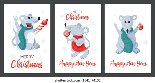 Holiday vector christmas cards set with smiling cute mouses. Merry christmas design with flat styled hand drawing cartoon characters and text. Collection of winter postcard templates on white