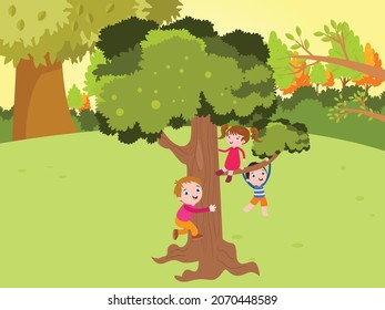 Concepto vectorial de vacaciones. Grupo de niños felices trepando un gran árbol en el parque mientras juegan juntos