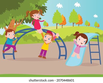 Holiday vector concept. Group of happy children playing together at the playground while 