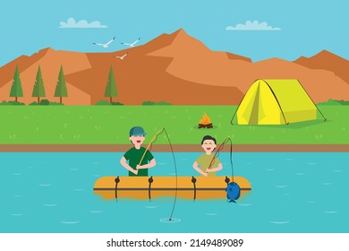 Urlaubsvektorkonzept. Happy kleiner Junge, der den Urlaub mit seinem Vater genießt und in der Nähe des Campingplatzes fischen