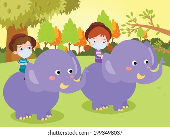 Holiday vector concept. Happy siblings wearing face mask while riding elephant during vacation in the zoo