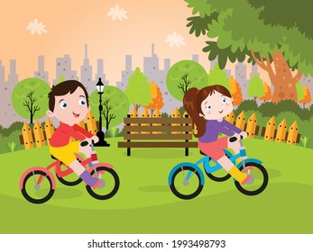 Holiday vector concept. Happy siblings cycling together at the park while enjoying leisure time together