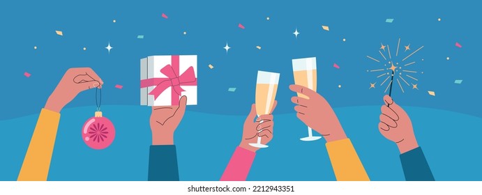 Ilustración de concepto vectorial de vacaciones en estilo plano. Manos humanas con gafas con champán, caja de regalo, luz bengalí y confeti. 