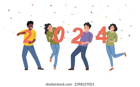 Holiday vector concept illustration in flat style. 2024 text. People hold numbers.
