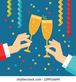 Holiday vector concept illustration in flat style. Human hands with glasses with champagne, streamers and confetti. New year and Christmas flat illustration. 