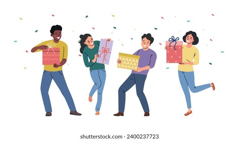 Holiday vector concept illustration in flat style.  People hold gifts boxes.