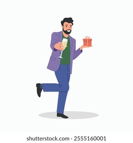 Holiday vector concept illustration in flat style.  Young man holds gift and a glass of champagne.
