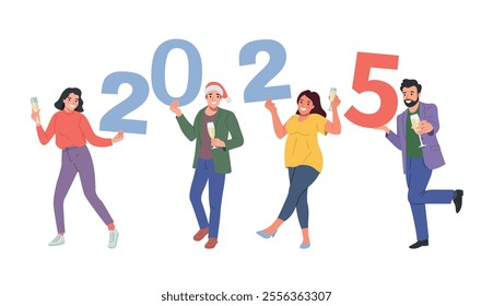Holiday vector concept illustration in flat style. 2025 text. People hold numbers.