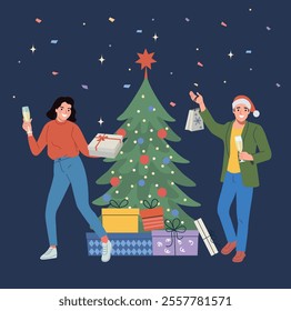 Holiday vector concept illustration in flat style.  Young woman and man holds gift and glasses at the Christmas tree